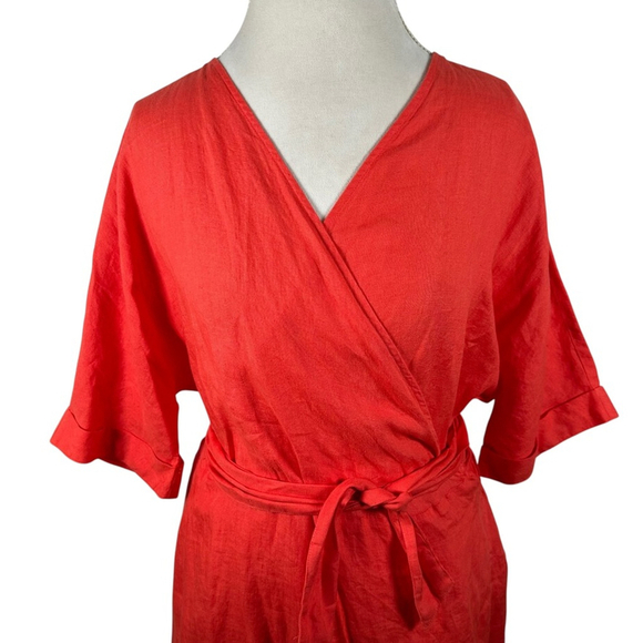 Saint James Wrap Dress Orange Linen Logo Lined S/S Beachy Preppy Size US 12 44F - Picture 2 of 14